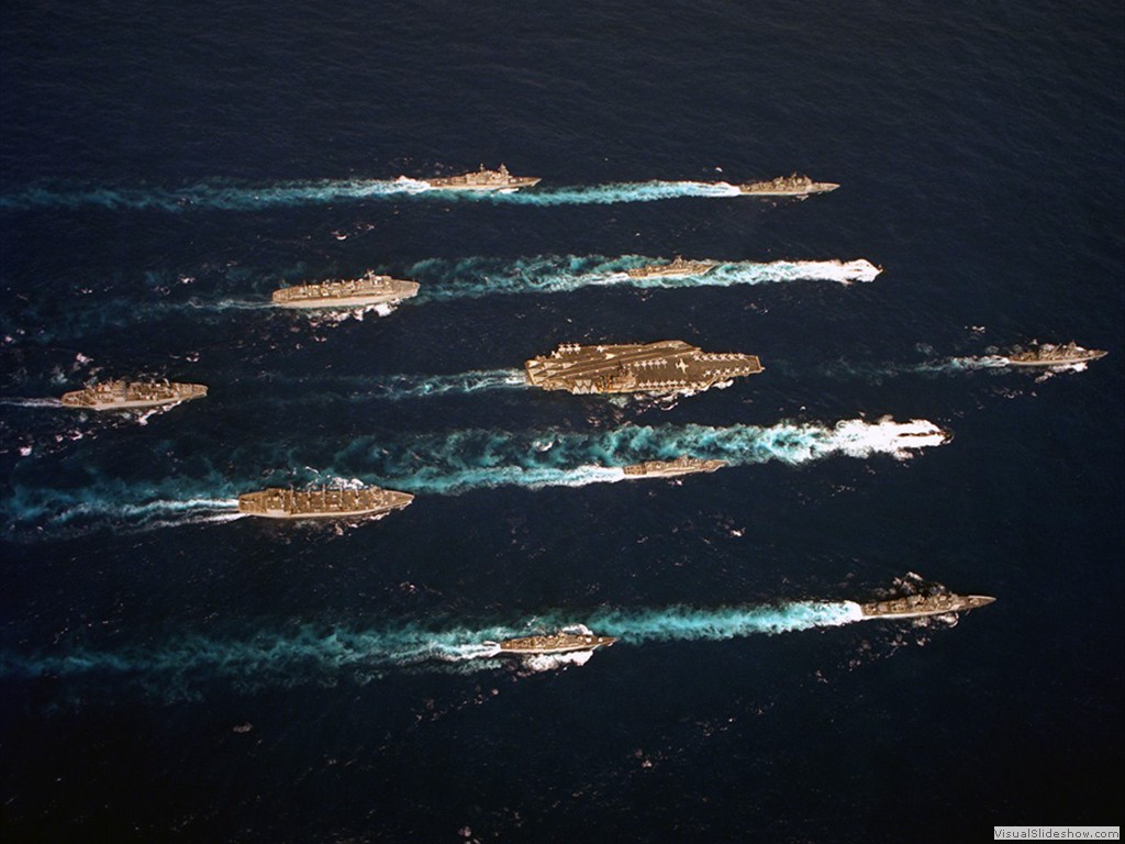 USS Seahorse (SSN-669) port of the carrier and USS Albuquerque (SSN-706) starboard 1992.